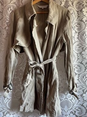 CROWN LINEN Women's M 100% Linen Washable Trench Coat Coastal Beachy
